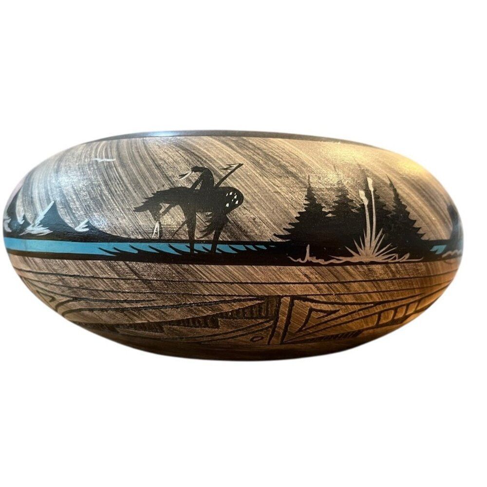 Navajo Pottery End Of The Trail Indian on Horse Mountains Black Turquoise Pot